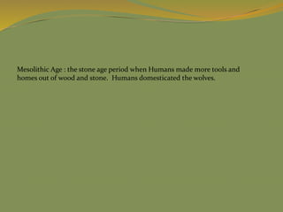 Mesolithic Age : the stone age period when Humans made more tools and
homes out of wood and stone. Humans domesticated the wolves.
 