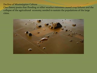 Decline of Mississippian Culture
One theory posits that flooding or other weather extremes caused crop failures and the
collapse of the agricultural economy needed to sustain the populations of the large
cities.
 