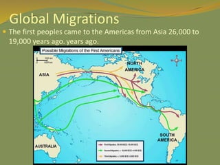 Global Migrations
 The first peoples came to the Americas from Asia 26,000 to
19,000 years ago. years ago.
 
