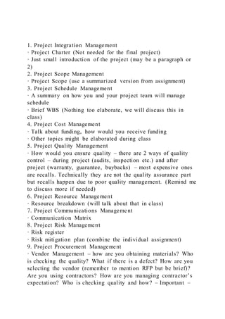 1. Project Integration Management
· Project Charter (Not needed for the final project)
· Just small introduction of the project (may be a paragraph or
2)
2. Project Scope Management
· Project Scope (use a summarized version from assignment)
3. Project Schedule Management
· A summary on how you and your project team will manage
schedule
· Brief WBS (Nothing too elaborate, we will discuss this in
class)
4. Project Cost Management
· Talk about funding, how would you receive funding
· Other topics might be elaborated during class
5. Project Quality Management
· How would you ensure quality – there are 2 ways of quality
control – during project (audits, inspection etc.) and after
project (warranty, guarantee, buybacks) – most expensive ones
are recalls. Technically they are not the quality assurance part
but recalls happen due to poor quality management. (Remind me
to discuss more if needed)
6. Project Resource Management
· Resource breakdown (will talk about that in class)
7. Project Communications Manageme nt
· Communication Matrix
8. Project Risk Management
· Risk register
· Risk mitigation plan (combine the individual assignment)
9. Project Procurement Management
· Vendor Management – how are you obtaining materials? Who
is checking the quality? What if there is a defect? How are you
selecting the vendor (remember to mention RFP but be brief)?
Are you using contractors? How are you managing contractor’s
expectation? Who is checking quality and how? – Important –
 