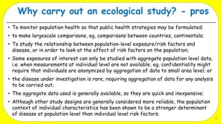 Ecologic Study Results Example 1. unit 3 part I- intro with (a) Observational studies – descriptive ...