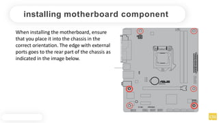installing motherboard component
When installing the motherboard, ensure
that you place it into the chassis in the
correct orientation. The edge with external
ports goes to the rear part of the chassis as
indicated in the image below.
H81M-DPLUS
 