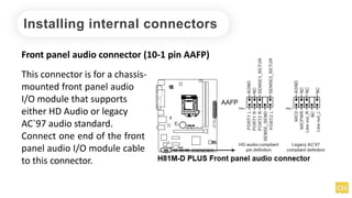 Installing internal connectors
Front panel audio connector (10-1 pin AAFP)
This connector is for a chassis-
mounted front panel audio
I/O module that supports
either HD Audio or legacy
AC`97 audio standard.
Connect one end of the front
panel audio I/O module cable
to this connector.
 