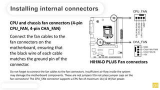 Installing internal connectors
CPU and chassis fan connectors (4-pin
CPU_FAN, 4-pin CHA_FAN)
Connect the fan cables to the
fan connectors on the
motherboard, ensuring that
the black wire of each cable
matches the ground pin of the
connector.
Do not forget to connect the fan cables to the fan connectors. Insufficient air flow inside the system
may damage the motherboard components. These are not jumpers! Do not place jumper caps on the
fan connectors! The CPU_FAN connector supports a CPU fan of maximum 1A (12 W) fan power.
 
