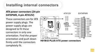 Installing internal connectors
ATX power connectors (24-pin
EATXPWR, 4-pin ATX12V)
These connectors are for ATX
power supply plugs. The
power supply plugs are
designed to fit these
connectors in only one
orientation. Find the proper
orientation and push down
firmly until the connectors
completely fit.
 