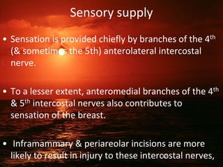 Sensory supply
• Sensation is provided chiefly by branches of the 4th
(& sometimes the 5th) anterolateral intercostal
nerve.
• To a lesser extent, anteromedial branches of the 4th
& 5th intercostal nerves also contributes to
sensation of the breast.
• Inframammary & periareolar incisions are more
likely to result in injury to these intercostal nerves,
10
 