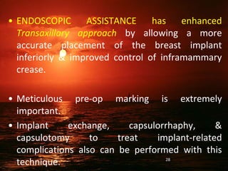 • ENDOSCOPIC ASSISTANCE has enhanced
Transaxillary approach by allowing a more
accurate placement of the breast implant
inferiorly & improved control of inframammary
crease.
• Meticulous pre-op marking is extremely
important.
• Implant exchange, capsulorrhaphy, &
capsulotomy to treat implant-related
complications also can be performed with this
technique. 28
 