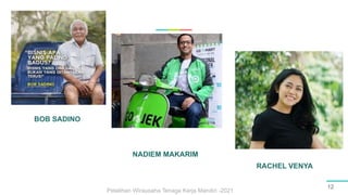 BOB SADINO
12
NADIEM MAKARIM
RACHEL VENYA
Pelatihan Wirausaha Tenaga Kerja Mandiri -2021
 