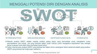6
Pelatihan Wirausaha Tenaga Kerja Mandiri -2021
 Metode analisis SWOT adalah metode analisis paling dasar yang bermanfaat untuk mengetahui suatu
permasalahan dari empat sisi yang berbeda dalam suatu individu untuk mengetahui kepribadian atau sebagai
bahan evaluasi untuk lebih fokus terhadap tujuan hidup.
 Faktor internal yaitu analisis SWOT yang berasal dari dalam dirimu sedangkan faktor eksternal adalah yang analisis
SWOT yang berasal dari lingkungan sekitarmu.
MENGGALI POTENSI DIRI DENGAN ANALISIS
 