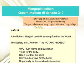 1. Membangun Percaya diri seperti David….
KASUS:
John Robins: Menjadi pendidik tentang Food for the World…
The Society of St. Andrew: “The POTATO PROJECT”
1979– Ken Horne and Buchanan
“Food for the body,
God’s word for the spirit
Community of love for the heart
Opportunity for those who desire action”
Hati = gap ini tidak seharusnya terjadi
Mata = 20-25% panen dibuang
Tangan: ada sesuatu yang dapat kulakukan dengan-Nya
Mengaplikasikan
Kepemimpinan di dekade 21?
 