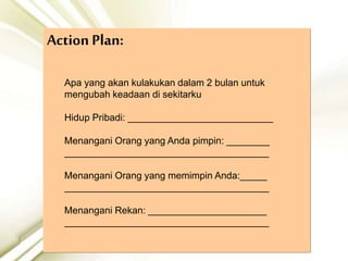 Action Plan:
Apa yang akan kulakukan dalam 2 bulan untuk
mengubah keadaan di sekitarku
Hidup Pribadi: ___________________________
Menangani Orang yang Anda pimpin: ________
______________________________________
Menangani Orang yang memimpin Anda:_____
______________________________________
Menangani Rekan: ______________________
______________________________________
 