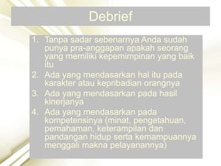 Debrief
1. Tanpa sadar sebenarnya Anda sudah
punya pra-anggapan apakah seorang
yang memiliki kepemimpinan yang baik
itu
2. Ada yang mendasarkan hal itu pada
karakter atau kepribadian orangnya
3. Ada yang mendasarkan pada hasil
kinerjanya
4. Ada yang mendasarkan pada
kompetensinya (minat, pengetahuan,
pemahaman, keterampilan dan
pandangan hidup serta kemampuannya
menggali makna pelayanannya)
 