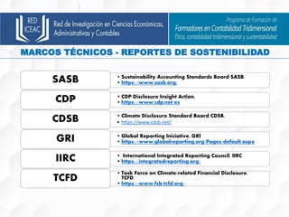 • Sustainability Accounting Standards Board SASB,
• https://www.sasb.org/
SASB
• CDP Disclosure Insight Action,
• https://www.cdp.net/es
CDP
• Climate Disclosure Standard Board CDSB,
• https://www.cdsb.net/
CDSB
• Global Reporting Iniciative, GRI
• https://www.globalreporting.org/Pages/default.aspx
GRI
• International Integrated Reporting Council, IIRC
• https://integratedreporting.org/
IIRC
• Task Force on Climate-related Financial Disclosure,
TCFD
• https://www.fsb-tcfd.org/
TCFD
MARCOS TÉCNICOS - REPORTES DE SOSTENIBILIDAD
 