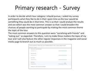 Primary research - Survey
In order to decide which tour category I should pursue, I asked my survey
participants what they like to do in their spare time as the tour would be
something they could do in that time. This is so that I could analyze the results
and see which was the most common answer so that I could broaden the
chances of people wanting to participate by making the most common theme
the topic of the tour.
The most common answers to this question were “socializing with friends” and
“eating out,” as expected. Therefore, I aim to make these matters the topic of my
tour and I will also feature the other regular responses in the magazine and social
media page to branch out as much as possible.
 