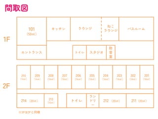 間取図
エントランス
101
（50㎡）
キッチン バスルーム
トイレ スタジオ
防
音
室
214 （20㎡）
210
（14㎡）
213
（10㎡）
トイレ
ラン
ドリ
ー
209
（14㎡）
208
（14㎡）
207
（14㎡）
206
（14㎡）
205
（14㎡）
204
（14㎡）
203
（14㎡）
202
（14㎡）
201
（14㎡）
211（20㎡）
212 （20㎡）
※3Fは2Fと同様
1F
2F
ラウンジ
ねこ
ラウンジ
 