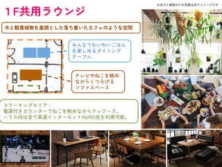 １F共用ラウンジ
※まだ工事前のため写真は全てイメージです
コワーキングエリア：
電源付きカウンターでねこを眺めながらテレワーク。
ハウス内は全て高速インターネットNURO光を利用可能。
木と観葉植物を基調とした落ち着いたカフェのような空間
みんなでわいわいごはん
を楽しめるダイニング
テーブル
テレビやねこを眺め
ながらくつろげる
ソファスペース
 
