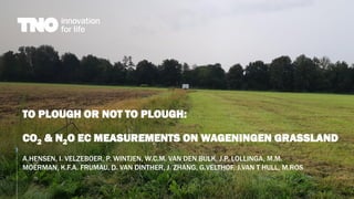 TO PLOUGH OR NOT TO PLOUGH:
CO2 & N2O EC MEASUREMENTS ON WAGENINGEN GRASSLAND
A.HENSEN, I. VELZEBOER, P. WINTJEN, W.C.M. VAN DEN BULK, J.P. LOLLINGA, M.M.
MOERMAN, K.F.A. FRUMAU, D. VAN DINTHER, J. ZHANG, G.VELTHOF, J.VAN T HULL, M.ROS
 