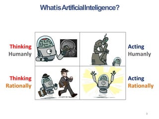 WhatisArtificialInteligence?
Thinking
Humanly
9
Thinking
Rationally
Acting
Humanly
Acting
Rationally
 