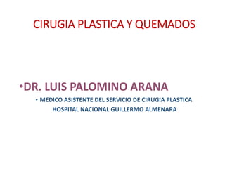 CIRUGIA PLASTICA Y QUEMADOS
•DR. LUIS PALOMINO ARANA
• MEDICO ASISTENTE DEL SERVICIO DE CIRUGIA PLASTICA
HOSPITAL NACIONAL GUILLERMO ALMENARA
 