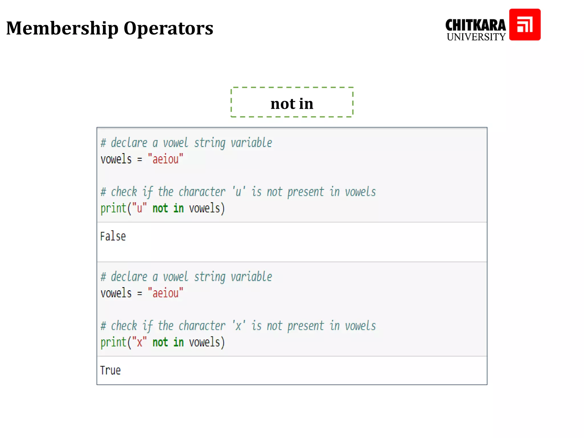 Membership Operators not in 