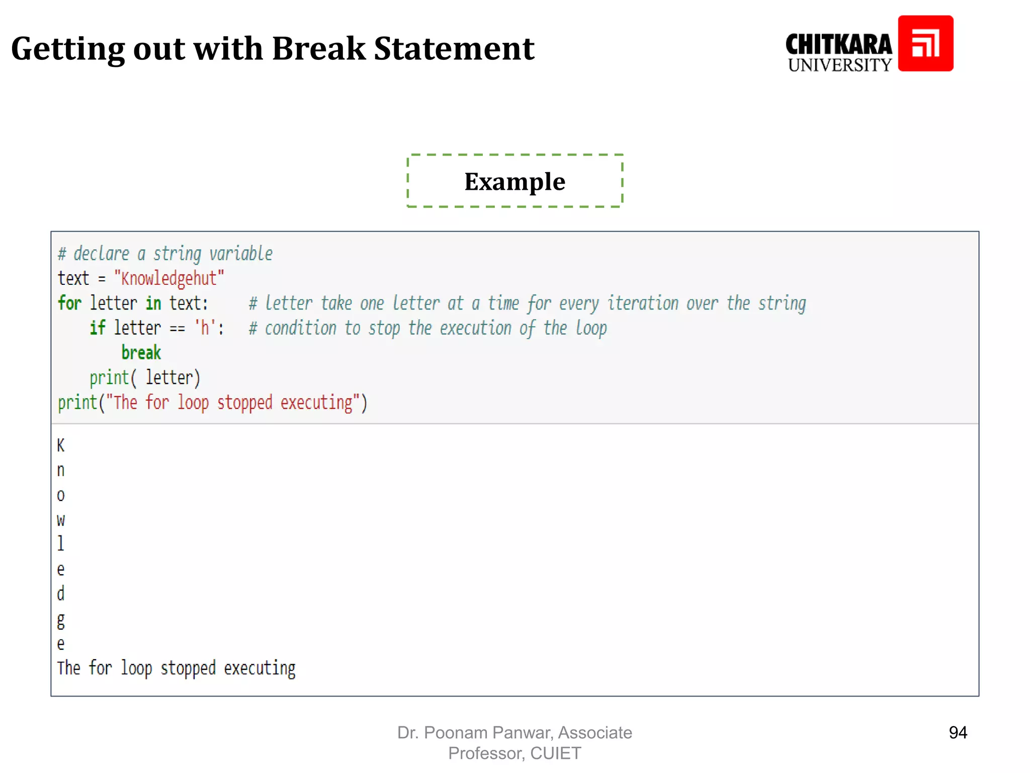 Getting out with Break Statement Example Dr. Poonam Panwar, Associate Professor, CUIET 94 