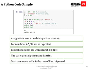 A Python Code Sample
Assignment uses = and comparison uses ==
For numbers +-*/% are as expected
Logical operators are words (and, or, not)
The basic printing command is print
Start comments with #: the rest of line is ignored
Dr. Poonam Panwar, Associate
Professor, CUIET
16
 