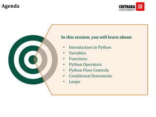 Agenda
In this session, you will learn about:
• Introduction to Python
• Variables
• Functions
• Python Operators
• Python Flow Controls
• Conditional Statements
• Loops
 
