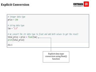 Explicit Conversion
Explicit data type
conversion using float()
function
 