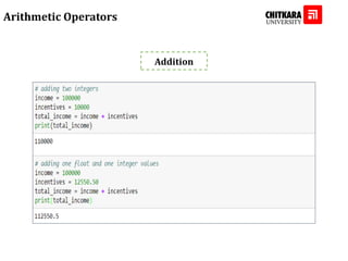 Arithmetic Operators
Addition
 