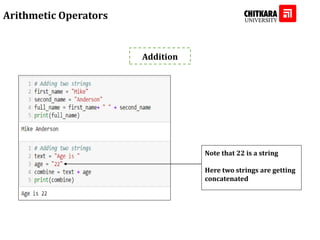 Arithmetic Operators
Addition
Note that 22 is a string
Here two strings are getting
concatenated
 