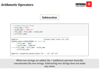 Arithmetic Operators
Subtraction
When two strings are added, the + (addition) operator basically
concatenates the two strings. Subtracting two strings does not make
any sense.
 