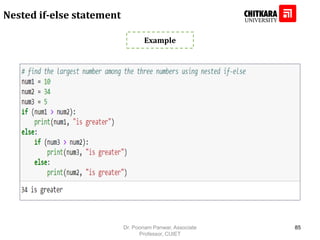 Example
Nested if-else statement
Dr. Poonam Panwar, Associate
Professor, CUIET
85
 