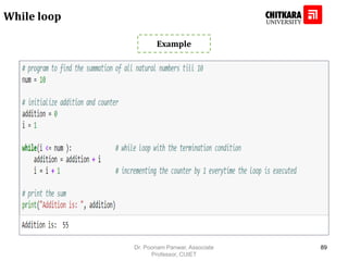 Example
While loop
Dr. Poonam Panwar, Associate
Professor, CUIET
89
 