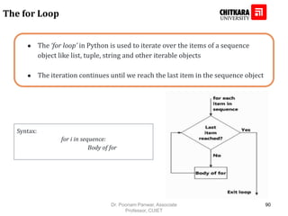 ● The ‘for loop’ in Python is used to iterate over the items of a sequence
object like list, tuple, string and other iterable objects
● The iteration continues until we reach the last item in the sequence object
The for Loop
Syntax:
for i in sequence:
Body of for
Dr. Poonam Panwar, Associate
Professor, CUIET
90
 