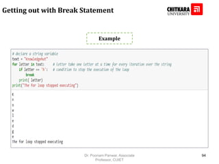 Getting out with Break Statement
Example
Dr. Poonam Panwar, Associate
Professor, CUIET
94
 