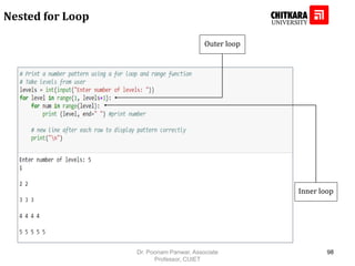 Nested for Loop
Outer loop
Inner loop
Dr. Poonam Panwar, Associate
Professor, CUIET
98
 