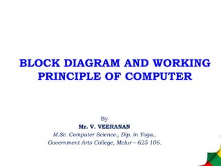 BLOCK DIAGRAM AND WORKING
PRINCIPLE OF COMPUTER
By
Mr. V. VEERANAN
M.Sc. Computer Science., Dip. in Yoga.,
Government Arts College, Melur – 625 106.
 