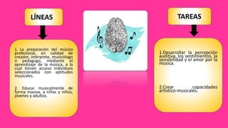 1.Desarrollar la percepción
auditiva, los sentimientos, la
sensibilidad y el amor por la
música.
2.Crear capacidades
artístico-musicales.
1. La preparación del músico
profesional, en calidad de
creador, intérprete, musicólogo
o pedagogo, mediante el
aprendizaje de la música, a la
cual tienen acceso individuos
seleccionados con aptitudes
musicales.
2. Educar musicalmente de
forma masiva, a niñas y niños,
jóvenes y adultos.
LÍNEAS TAREAS
 