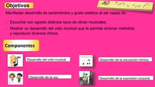 Manifestar desarrollo de sentimientos y gusto estético al ser capaz de:
 Escuchar con agrado distintos tipos de obras musicales.
 Mostrar un desarrollo del oído musical que le permite entonar melodías
y reproducir diversos ritmos.
Objetivos
Componentes
Desarrollo del oído musical.
Desarrollo de la voz.
Desarrollo de la educación rítmica.
Desarrollo de la expresión corporal.
 