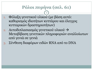 Ρόλοι πυρήνα (σελ. 61)
8
1. Φύλαξη γενετικού υλικού (µε βάση αυτό:
καθορισµός ιδιοτήτων κυττάρου και έλεγχος
κυτταρικών δραστηριοτήτων)
2. Αυτοδιπλασιασµός γενετικού υλικού !
Μεταβίβαση γενετικών πληροφοριών αναλλοίωτων
από γενιά σε γενιά
3. Σύνθεση διαφόρων ειδών RNA από το DNA
 