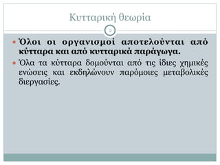 Κυτταρική θεωρία
2
● Όλοι οι οργανισµοί αποτελούνται από
κύτταρα και από κυτταρικά παράγωγα.
● Όλα τα κύτταρα δοµούνται από τις ίδιες χηµικές
ενώσεις και εκδηλώνουν παρόµοιες µεταβολικές
διεργασίες.
 