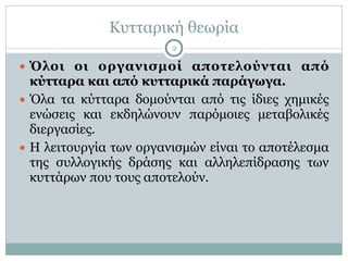 Κυτταρική θεωρία
2
● Όλοι οι οργανισµοί αποτελούνται από
κύτταρα και από κυτταρικά παράγωγα.
● Όλα τα κύτταρα δοµούνται από τις ίδιες χηµικές
ενώσεις και εκδηλώνουν παρόµοιες µεταβολικές
διεργασίες.
● Η λειτουργία των οργανισµών είναι το αποτέλεσµα
της συλλογικής δράσης και αλληλεπίδρασης των
κυττάρων που τους αποτελούν.
 