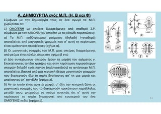 Α. ΔΗΜΙΟΥΡΓΙΑ ενός Μ.Π. (Η, Β και Φ)
Σύμφωνα με την δημιουργία τους σε ένα αγωγό τα Μ.Π.
χωρίζονται σε:
1) ΟΜΟΓΕΝΗ με σπείρες διαρρεόμενες από σταθερό Σ.Ρ.
σύμφωνα με τον ΚΑΝΟΝΑ του Ampére με τις κάτωθι περιπτώσεις:
α) Το Μ.Π. ευθύγραμμου ρεύματος (δηλαδή i=σταθερό)
αποτελείται από μαγνητικές γραμμές που σ’ αυτή τη περίπτωση
είναι ομόκεντρες περιφέρειες (σχήμα α).
β) Οι μαγνητικές γραμμές του Μ.Π. μιας σπείρας διαρρεόμενης
από ρεύμα είναι κύκλοι όπως στο σχήμα β ενώ
γ) Δύο συνεχόμενων σπειρών έχουν τη μορφή του σχήματος γ.
Επεκτείνοντας το ίδιο κριτήριο και στην περίπτωση περισσότερων
σπειρών δηλαδή ενός πηνίου (σωληνοειδούς) το αντίστοιχο Μ.Π.
αποτελείται βασικά από μια κεντρική δέσμη μαγνητικών γραμμών
που διαπερνούν όλο το πηνίο βγαίνοντας απ’ τη μια μεριά και
μπαίνοντας απ’ την άλλη (σχήμα a).
δ) Αν το πηνίο είναι αρκετά μακρύ, σ’ όλη την κεντρική ζώνη οι
μαγνητικές γραμμές που το διαπερνούν προκύπτουν παράλληλες
μεταξύ τους: μπορούμε να πούμε συνεπώς ότι σ’ αυτή την
περίπτωση το πηνίο δημιουργεί στο εσωτερικό του ένα
ΟΜΟΓΕΝΕΣ πεδίο (σχήμα b).
11
 
