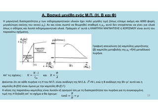 Α. Βασικά μεγέθη ενός Μ.Π. (Η, Β και Φ)
18
Η μαγνητική διαπερατότητα μ των σιδηρομαγνητικών υλικών έχει πολύ μεγάλη τιμή (όπως είπαμε ακόμη και 6000 φορές
μεγαλύτερη εκείνης του κενού μο). Αν και είναι σωστό να θεωρηθεί σταθερή η μο, αυτό δεν επιτρέπεται να γίνει για υλικά
όπως ο σίδηρος και λοιπά σιδηρομαγνητικά υλικά. Πράγματι σ’ αυτά η ΚΑΜΠΥΛΗ ΜΑΓΝΗΤΙΣΗΣ ή ΚΟΡΕΣΜΟΥ είναι αυτή του
παρακάτω σχήματος.
Γραφική απεικόνιση (α) καμπύλης μαγνήτισης
(β) καμπύλη μεταβολής της μτ =f(H) μεταλλικού
πυρήνα.
Απ’ τις σχέσεις : και
φαίνεται ότι σε κάθε πυρήνα «η Η του Μ.Π. είναι ανάλογη της Μ.Ε.Δ. F =Ν∙i, ενώ η Β ανάλογη της Φ» γι’ αυτό και η
καμπύλη B=f(H) είναι όμοια με την καμπύλη Φ=f(F ).
Η κλίση της παραπάνω καμπύλης είναι λοιπόν εξ ορισμού ίση με τη διαπερατότητα του πυρήνα για τη συγκεκριμένη
τιμή της Η δηλαδή απ’ το σχήμα α θα έχουμε:
 