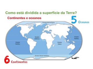 Como está dividida a superfície da Terra?
Continentes e oceanos
 