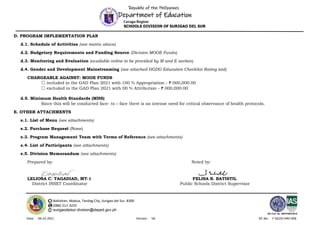 Republic of the Philippines
Department of Education
Caraga Region
SCHOOLS DIVISION OF SURIGAO DEL SUR
Balilahan, Mabua, Tandag City, Surigao del Sur, 8300
(086) 211-3225
surigaodelsur.division@deped.gov.ph
ISO Cert. No. AW/PH909100102
Date: 04-22-2021 Version: V6 DC No: F-SGOD-HRD-006
D. PROGRAM IMPLEMENTATION PLAN
d.1. Schedule of Activities (see matrix above)
d.2. Budgetary Requirements and Funding Source (Division MOOE Funds)
d.3. Monitoring and Evaluation (available online to be provided by M and E section)
d.4. Gender and Development Mainstreaming (see attached HGDG Education Checklist Rating tool)
CHARGEABLE AGAINST: MOOE FUNDS
☐ included in the GAD Plan 2021 with 100 % Appropriation - ₱ 000,000.00
☐ excluded in the GAD Plan 2021 with 00 % Attribution - ₱ 000,000.00
d.5. Minimum Health Standards (MHS)
Since this will be conducted face- to – face there is an intense need for critical observance of health protocols.
E. OTHER ATTACHMENTS
e.1. List of Menu (see attachments)
e.2. Purchase Request (None)
e.3. Program Management Team with Terms of Reference (see attachments)
e.4. List of Participants (see attachments)
e.5. Division Memorandum (see attachments)
Prepared by: Noted by:
LELIOSA C. TAGADIAD, MT-1 FELISA B. BATISTIL
District INSET Coordinator Public Schools District Supervisor
 