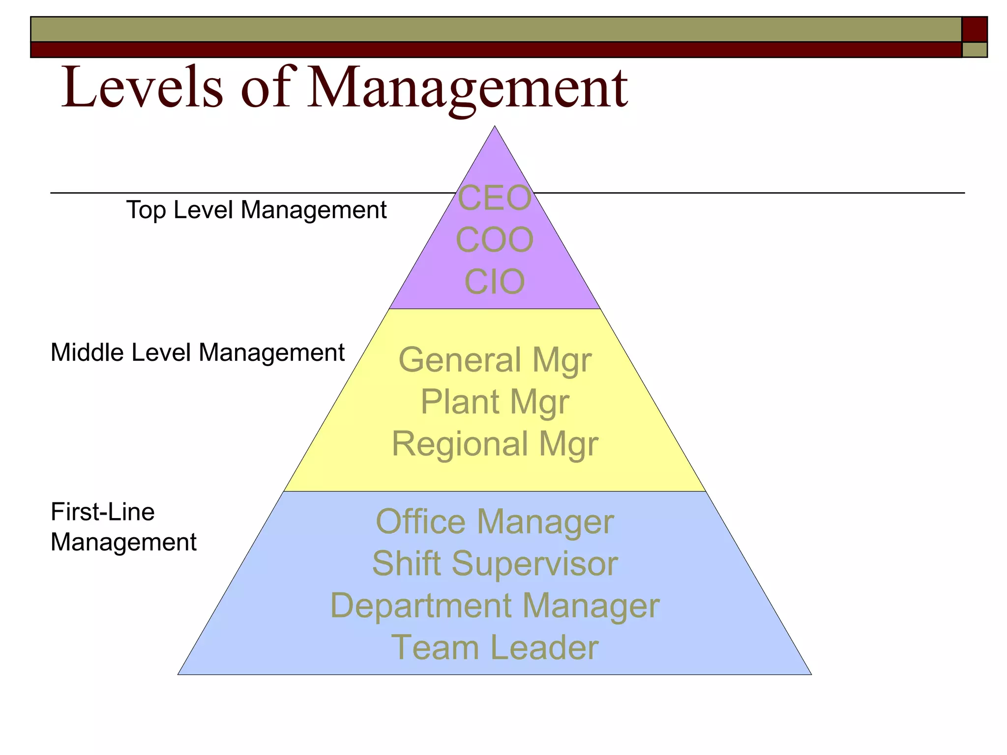 Levels of Management
CEO
COO
CIO
General Mgr
Plant Mgr
Regional Mgr
Office Manager
Shift Supervisor
Department Manager
Team Leader
Top Level Management
Middle Level Management
First-Line
Management
 