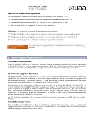 MATEMÁTICAS I. ALGEBRA
Unidad de Aprendizaje I.
Clasificación de expresiones algebraicas:
1ª- Si una expresión algebraica está formada por un solo término se llama monomio. Ej:
2ª- Toda expresión algebraica que esté formada por dos términos se llama binomio. Ej:
3ª- Toda expresión algebraica formada por tres términos se llama trinomio. Ej:
4ª- Si la expresión algebraica tiene varios términos se llama polinomio.
Polinomio es un conjunto de monomios. Tendremos en cuenta lo siguiente:
1º- Si está ordenado. Para ordenar un polinomio, colocamos los monomios de mayor a menor, según su grado.
2º- Si está completo. Completar un polinomio es añadir los términos que falten poniendo de coeficiente 0.
3º- Cuál es su grado. El grado de un polinomio es el mayor exponente de sus términos.
Expresiones algebraicas
equivalentes
Dos o más expresiones algebraicas son equivalentes cuando tienen el mismo valor
numérico.
C Símbolos de agrupación y jerarquización
Símbolos y términos específicos
Entre los símbolos algebraicos se encuentran números, letras y signos que representan las diversas operaciones
aritméticas. Los números son, por supuesto, constantes, pero las letras pueden representar tanto constantes como
variables. Las primeras letras del alfabeto se usan para representar constantes y las últimas para variables.
Operaciones y agrupación de símbolos
La agrupación de los símbolos algebraicos y la secuencia de las operaciones aritméticas se basan en los símbolos de
agrupación, que garantizan la claridad de lectura del lenguaje algebraico. Entre los símbolos de agrupación se
encuentran los paréntesis ( ), corchetes [ ], llaves { } y rayas horizontales —también llamadas vínculos— que suelen
usarse para representar la división y las raíces, como en el siguiente ejemplo:
Los símbolos de las operaciones básicas son bien conocidos de la aritmética: adición (+), sustracción (-),
multiplicación (×) y división (:). En el caso de la multiplicación, el signo `×' normalmente se omite o se sustituye por un
punto, como en a ·b. Un grupo de símbolos contiguos, como abc, representa el producto de a, b y c. La división se
indica normalmente mediante rayas horizontales. Una raya oblicua, o virgulilla, también se usa para separar el
numerador, a la izquierda de la raya, del denominador, a la derecha, en las fracciones. Hay que tener cuidado de
agrupar los términos apropiadamente. Por ejemplo,
ax+ b/c- dy indica que ax y dy son términos separados, lo mismo que b/c , mientras que (ax +b)/(c -dy) representa la
fracción:
Prioridad de las operaciones
Primero se hacen las multiplicaciones, después las divisiones, seguidas de las sumas y las restas. Los símbolos de
agrupación indican el orden en que se han de realizar las operaciones: se hacen primero todas las operaciones dentro
de un mismo grupo, comenzando por el más interno
 
