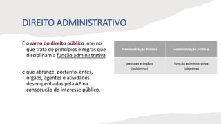 DIREITO ADMINISTRATIVO
É o ramo do direito público interno
que trata de princípios e regras que
disciplinam a função administrativa
e que abrange, portanto, entes,
órgãos, agentes e atividades
desempenhadas pela AP na
consecução do interesse público.
 