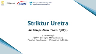 Striktur Uretra
dr. Gampo Alam Irdam, SpU(K)
KSM Urologi
RSUPN Dr. Cipto Mangunkusumo
Fakultas Kedokteran – Universitas Indonesia
 